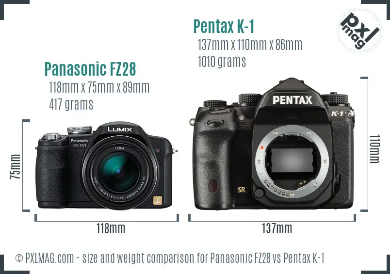 Panasonic FZ28 vs Pentax K-1 size comparison