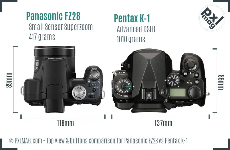 Panasonic FZ28 vs Pentax K-1 top view buttons comparison