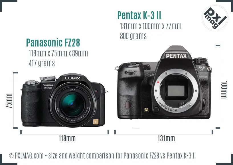 Panasonic FZ28 vs Pentax K-3 II size comparison
