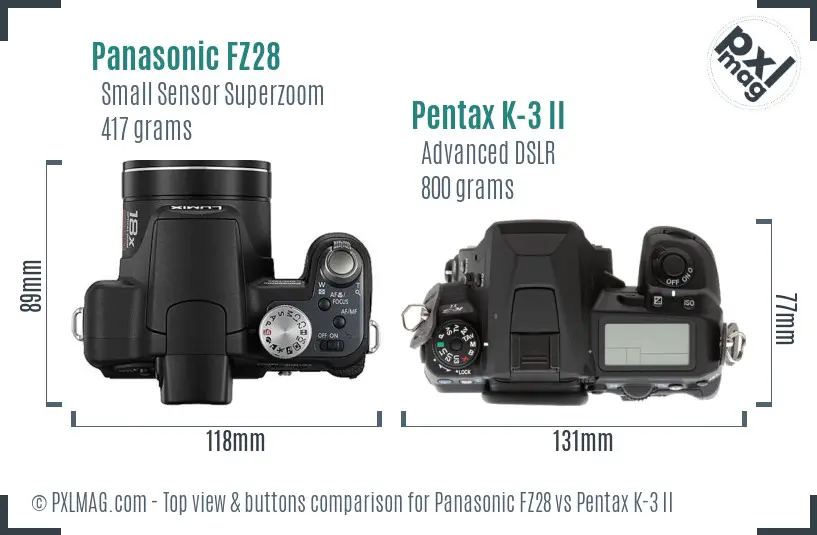 Panasonic FZ28 vs Pentax K-3 II top view buttons comparison
