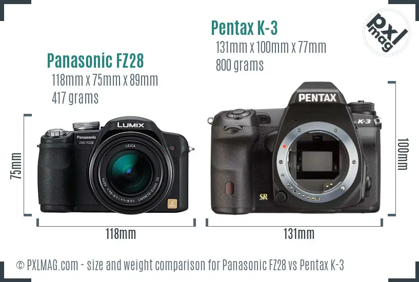 Panasonic FZ28 vs Pentax K-3 size comparison