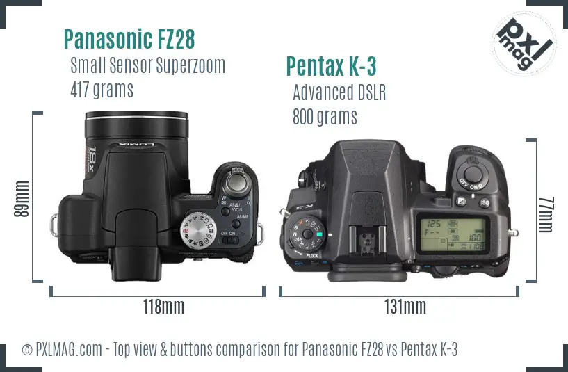 Panasonic FZ28 vs Pentax K-3 top view buttons comparison