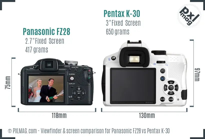 Panasonic FZ28 vs Pentax K-30 Screen and Viewfinder comparison