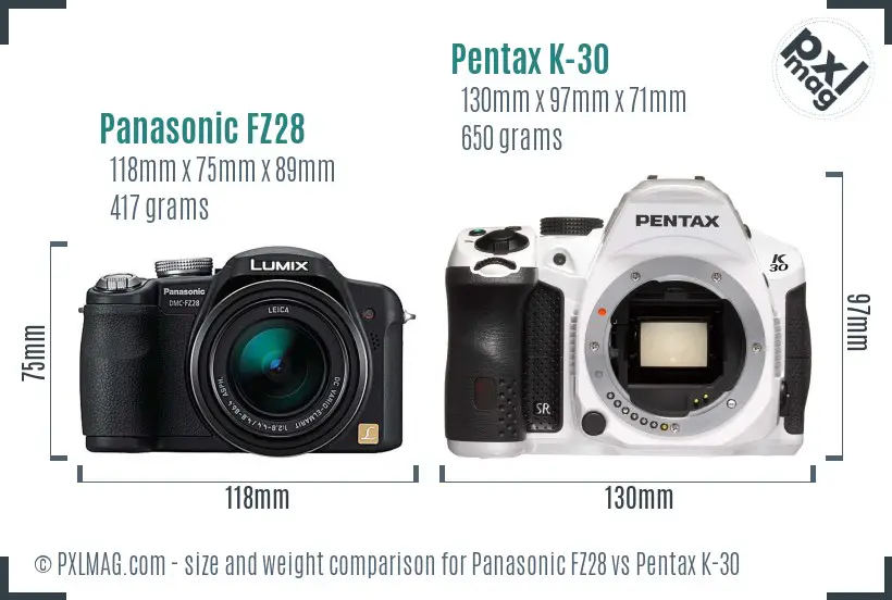 Panasonic FZ28 vs Pentax K-30 size comparison