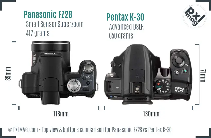 Panasonic FZ28 vs Pentax K-30 top view buttons comparison