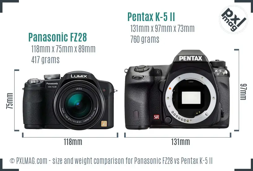 Panasonic FZ28 vs Pentax K-5 II size comparison