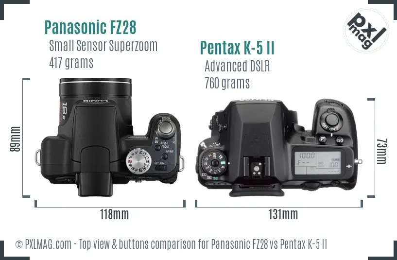 Panasonic FZ28 vs Pentax K-5 II top view buttons comparison