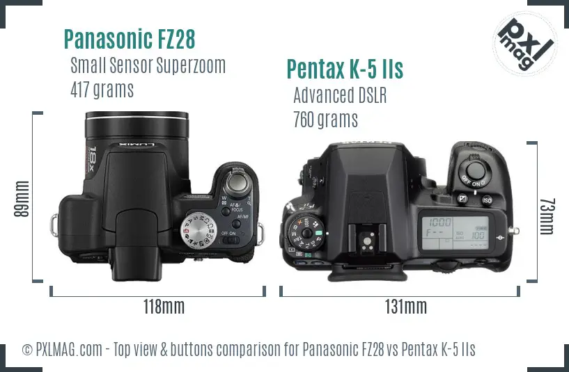 Panasonic FZ28 vs Pentax K-5 IIs top view buttons comparison