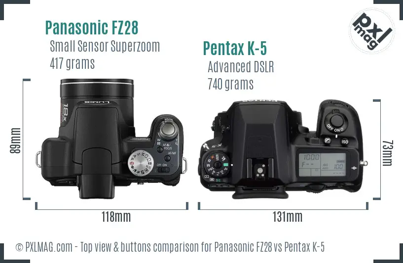 Panasonic FZ28 vs Pentax K-5 top view buttons comparison