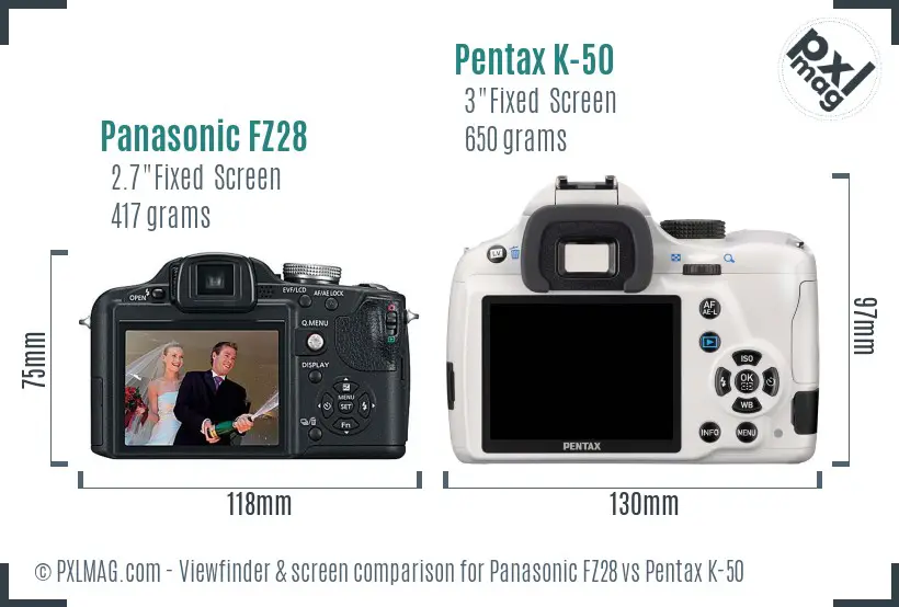 Panasonic FZ28 vs Pentax K-50 Screen and Viewfinder comparison