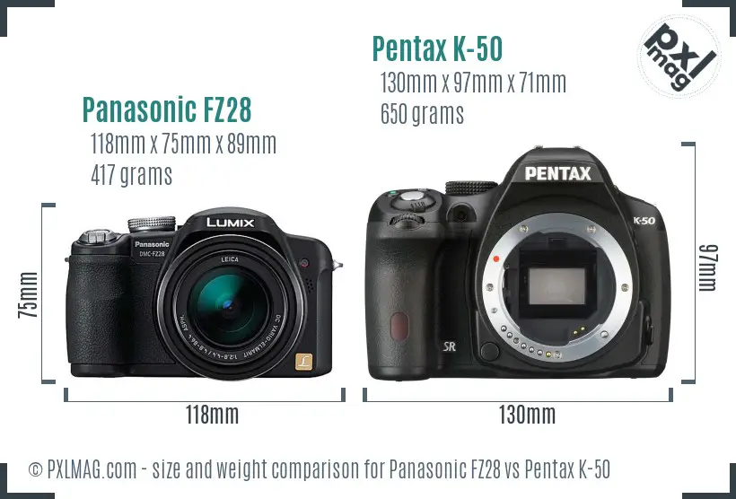 Panasonic FZ28 vs Pentax K-50 size comparison