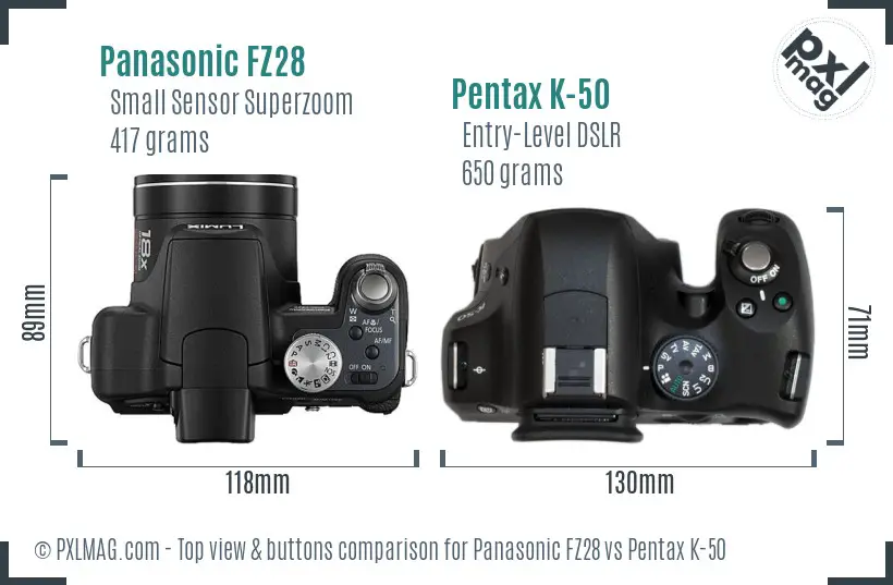 Panasonic FZ28 vs Pentax K-50 top view buttons comparison