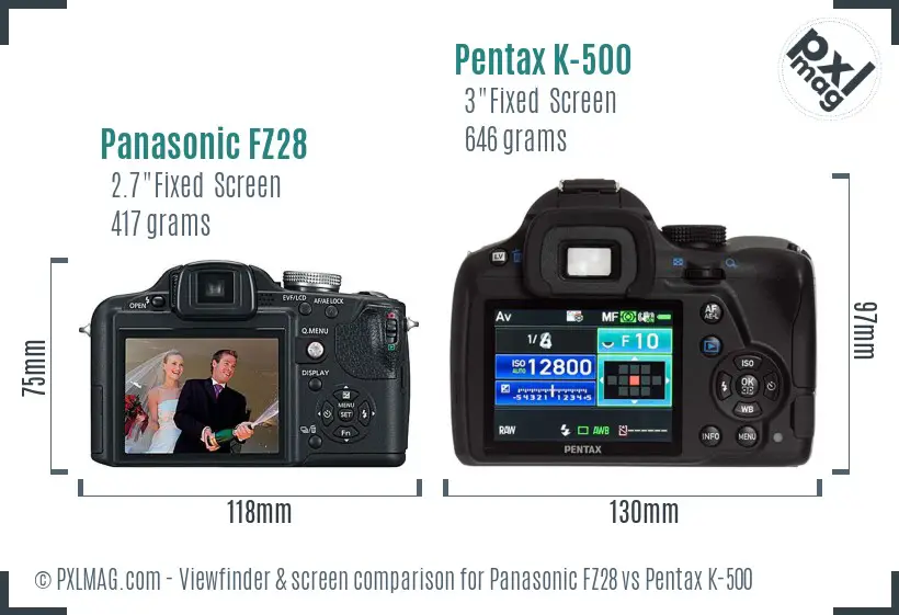 Panasonic FZ28 vs Pentax K-500 Screen and Viewfinder comparison