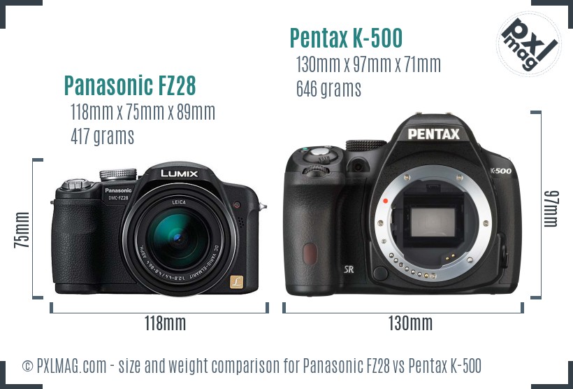 Panasonic FZ28 vs Pentax K-500 size comparison