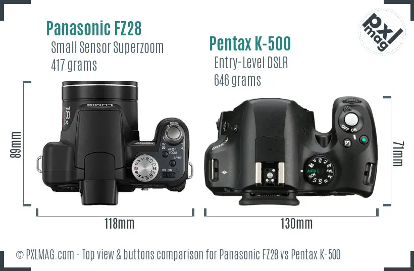 Panasonic FZ28 vs Pentax K-500 top view buttons comparison
