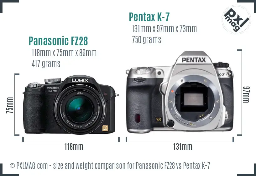 Panasonic FZ28 vs Pentax K-7 size comparison