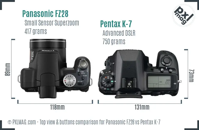 Panasonic FZ28 vs Pentax K-7 top view buttons comparison