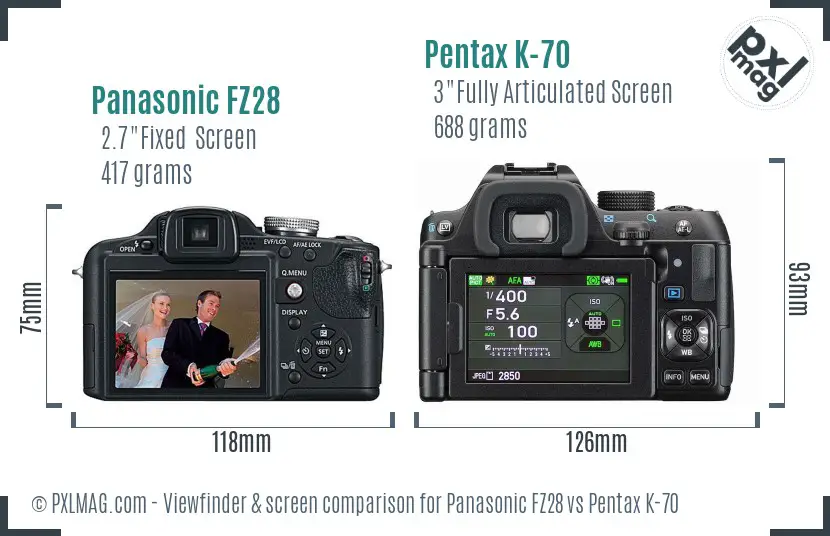 Panasonic FZ28 vs Pentax K-70 Screen and Viewfinder comparison