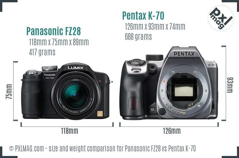 Panasonic FZ28 vs Pentax K-70 size comparison