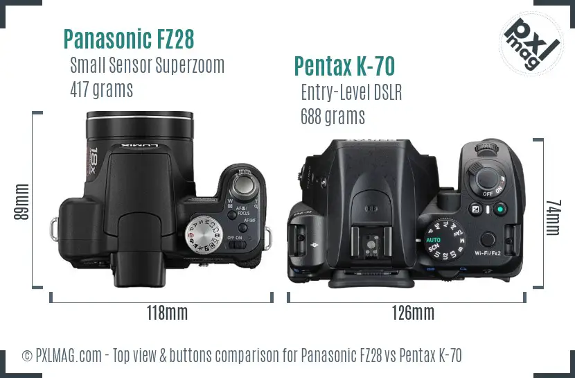 Panasonic FZ28 vs Pentax K-70 top view buttons comparison
