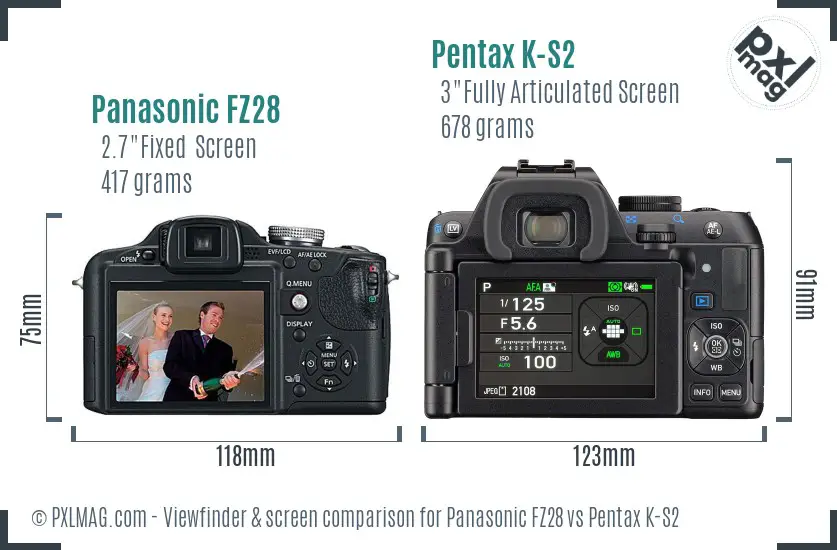 Panasonic FZ28 vs Pentax K-S2 Screen and Viewfinder comparison