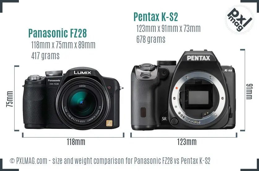 Panasonic FZ28 vs Pentax K-S2 size comparison