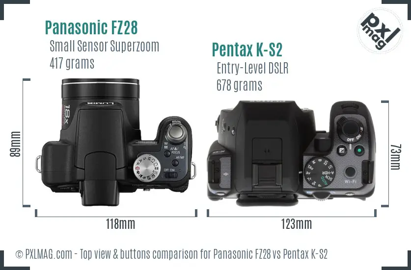 Panasonic FZ28 vs Pentax K-S2 top view buttons comparison