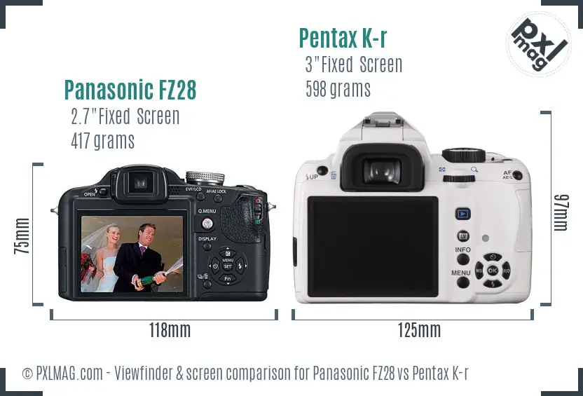 Panasonic FZ28 vs Pentax K-r Screen and Viewfinder comparison