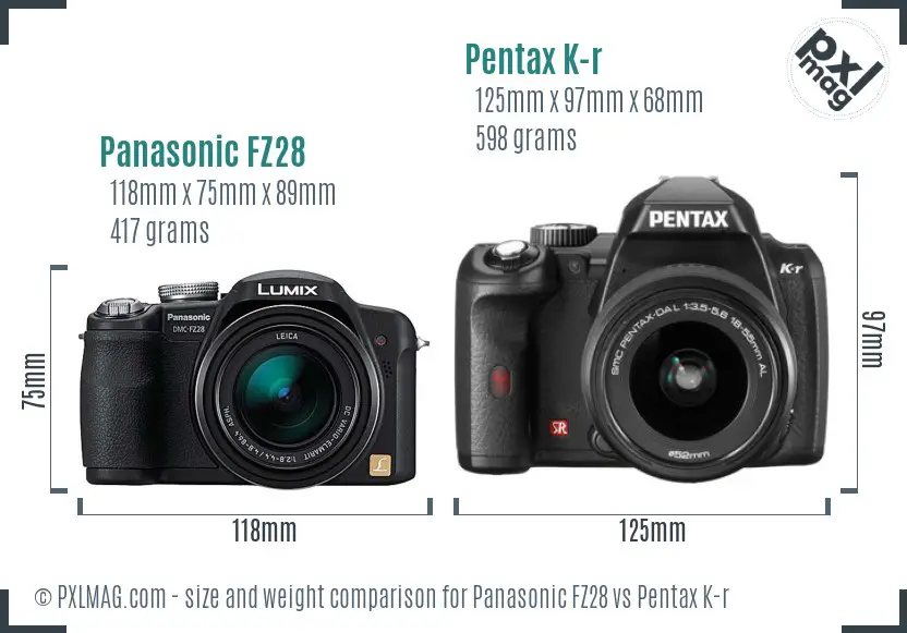 Panasonic FZ28 vs Pentax K-r size comparison