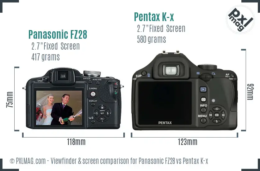 Panasonic FZ28 vs Pentax K-x Screen and Viewfinder comparison
