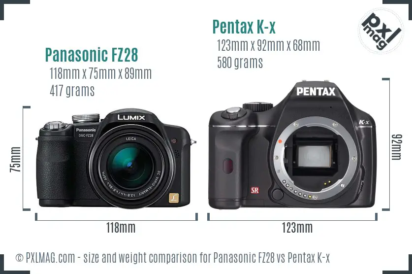 Panasonic FZ28 vs Pentax K-x size comparison