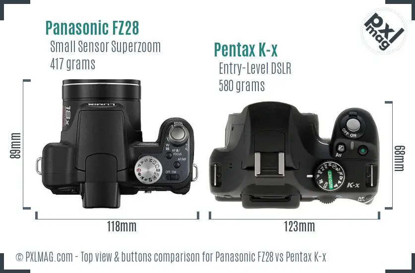 Panasonic FZ28 vs Pentax K-x top view buttons comparison