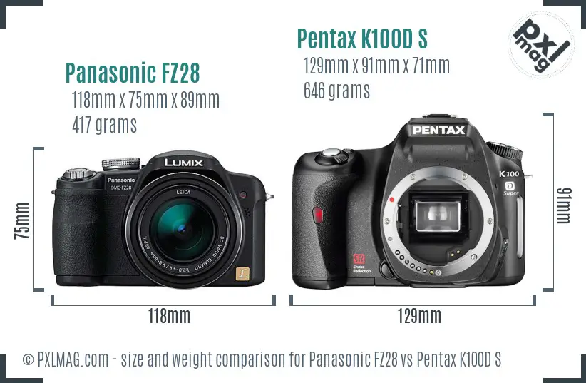 Panasonic FZ28 vs Pentax K100D S size comparison