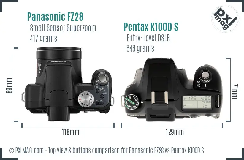 Panasonic FZ28 vs Pentax K100D S top view buttons comparison