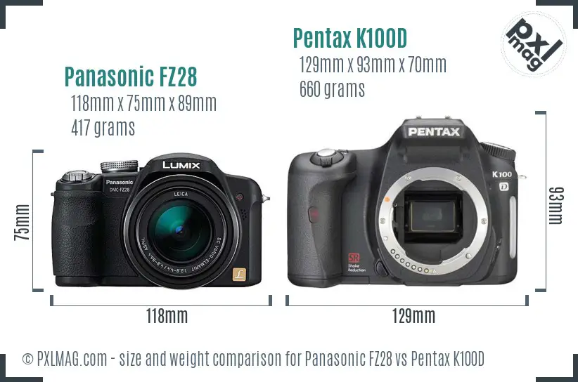 Panasonic FZ28 vs Pentax K100D size comparison