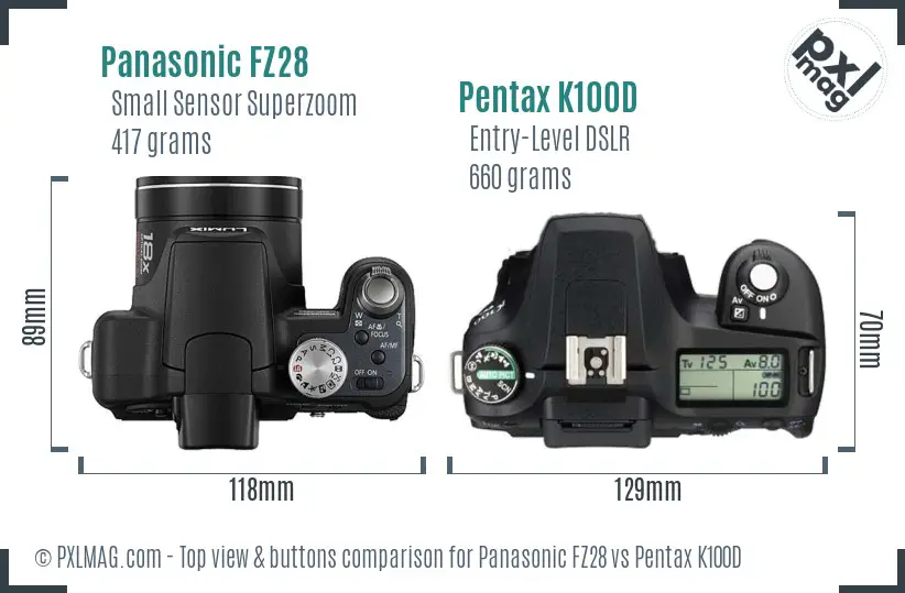 Panasonic FZ28 vs Pentax K100D top view buttons comparison