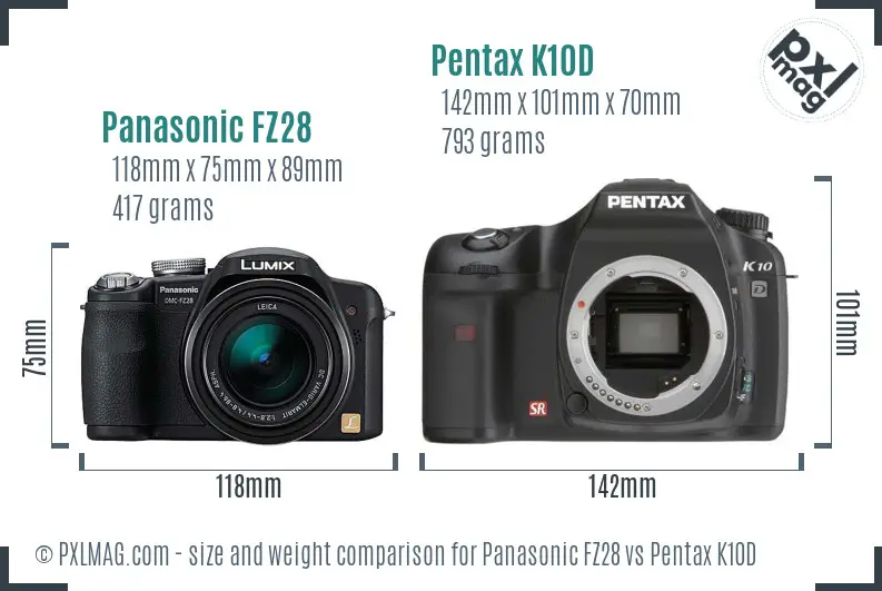 Panasonic FZ28 vs Pentax K10D size comparison