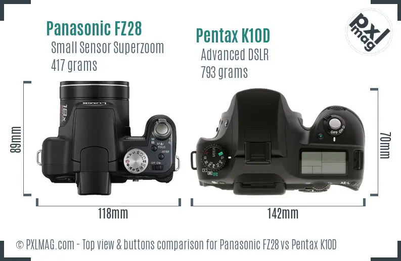 Panasonic FZ28 vs Pentax K10D top view buttons comparison