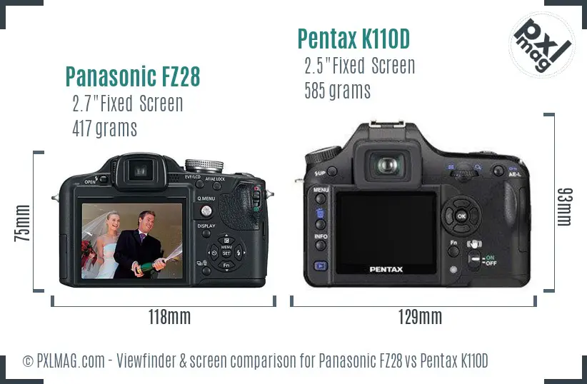 Panasonic FZ28 vs Pentax K110D Screen and Viewfinder comparison