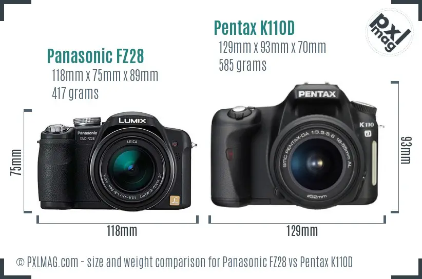 Panasonic FZ28 vs Pentax K110D size comparison
