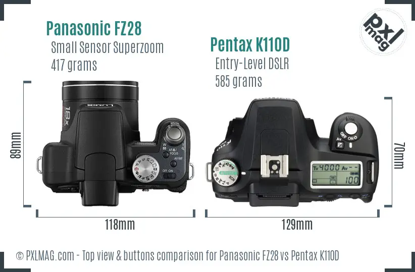 Panasonic FZ28 vs Pentax K110D top view buttons comparison