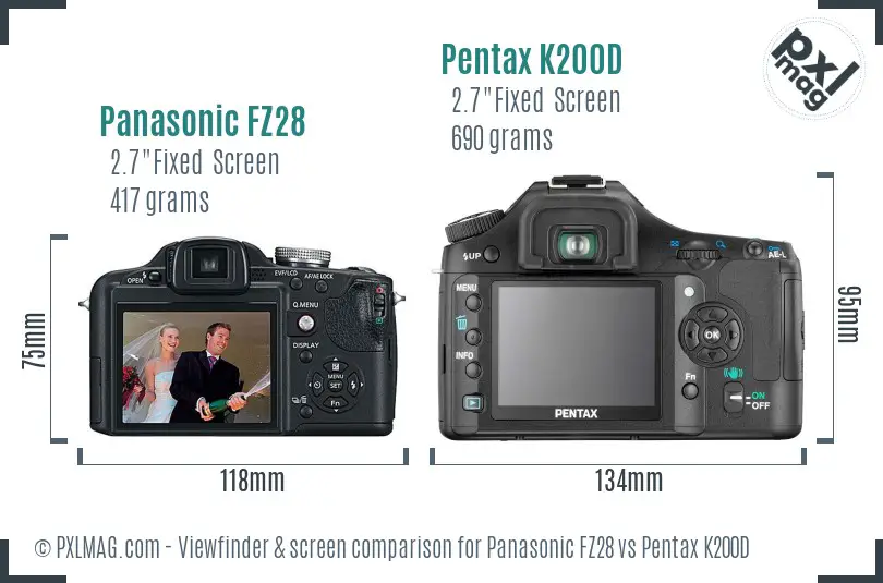 Panasonic FZ28 vs Pentax K200D Screen and Viewfinder comparison