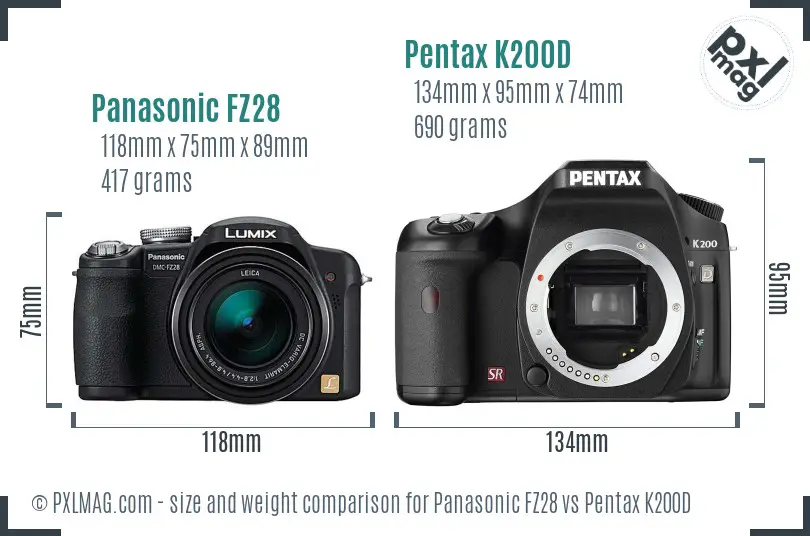 Panasonic FZ28 vs Pentax K200D size comparison