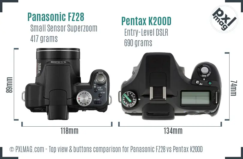 Panasonic FZ28 vs Pentax K200D top view buttons comparison