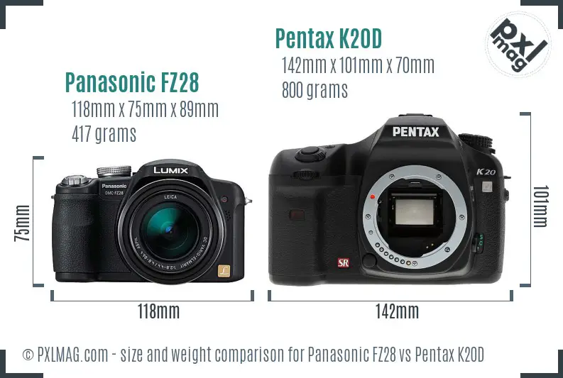 Panasonic FZ28 vs Pentax K20D size comparison