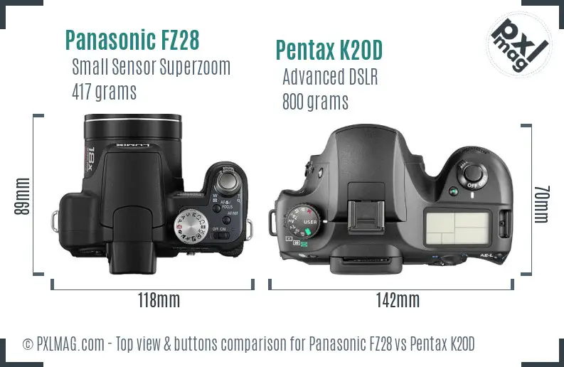 Panasonic FZ28 vs Pentax K20D top view buttons comparison