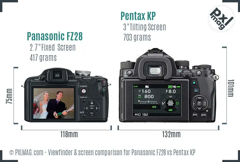 Panasonic FZ28 vs Pentax KP Screen and Viewfinder comparison