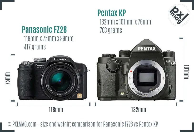 Panasonic FZ28 vs Pentax KP size comparison
