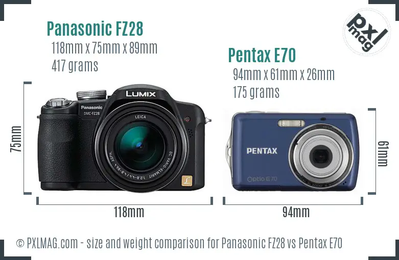 Panasonic FZ28 vs Pentax E70 size comparison