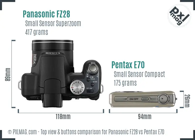 Panasonic FZ28 vs Pentax E70 top view buttons comparison